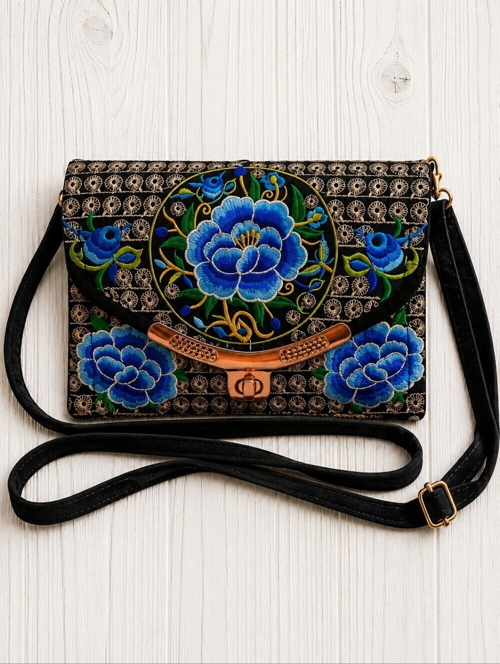 3/$30 BLUE Floral Embroidered Mexican Micro Crossbody Festival Bag